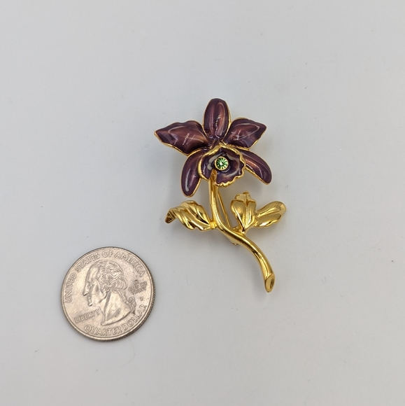 Vintage Articulated Gold-tone Brooch Orchid Enamel w green stone Joan Rivers - Picture 5 of 8